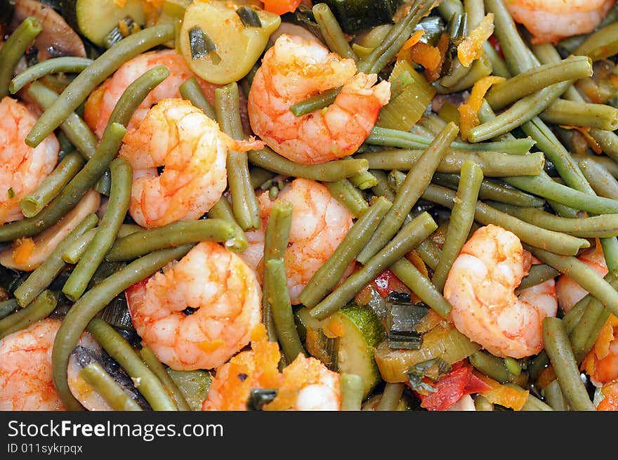 Close up of cooked shrimps with vegetables. Close up of cooked shrimps with vegetables