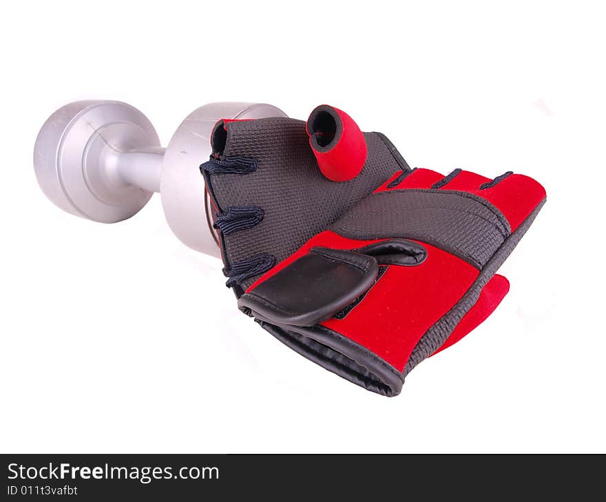 Dumbbell & a pair of red gloves composition. Dumbbell & a pair of red gloves composition