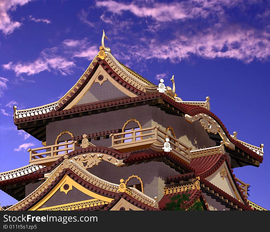 The Chinese house on a background of the sky. The Chinese house on a background of the sky