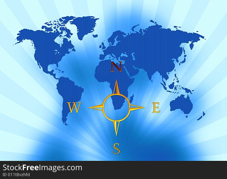 World map with compass in abstract background