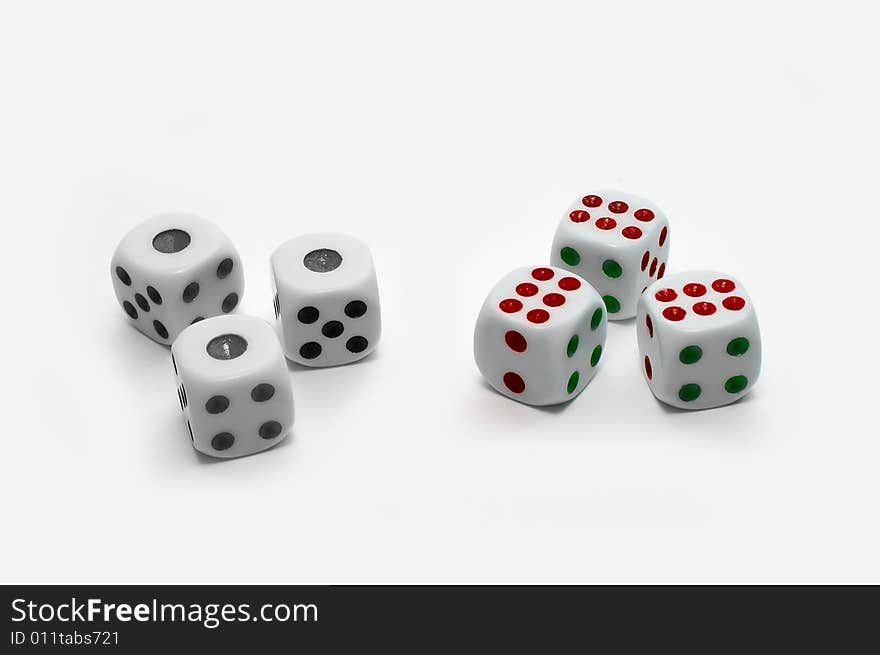 Black-and-white and colorful dices on white background