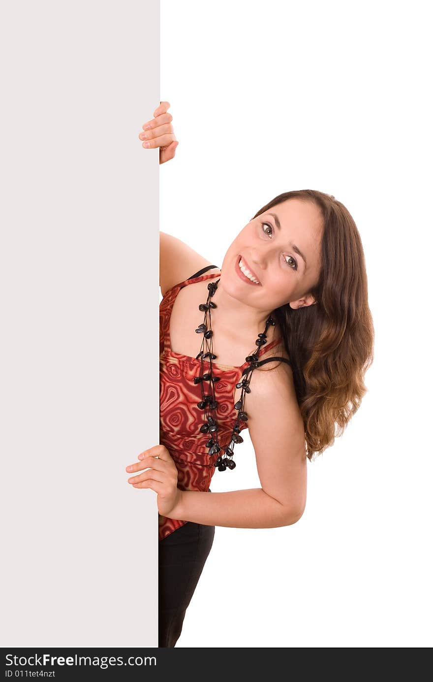 Beautiful woman holding empty gray board