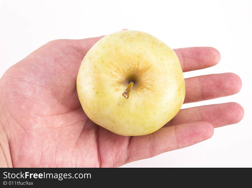 The apple on the hand.