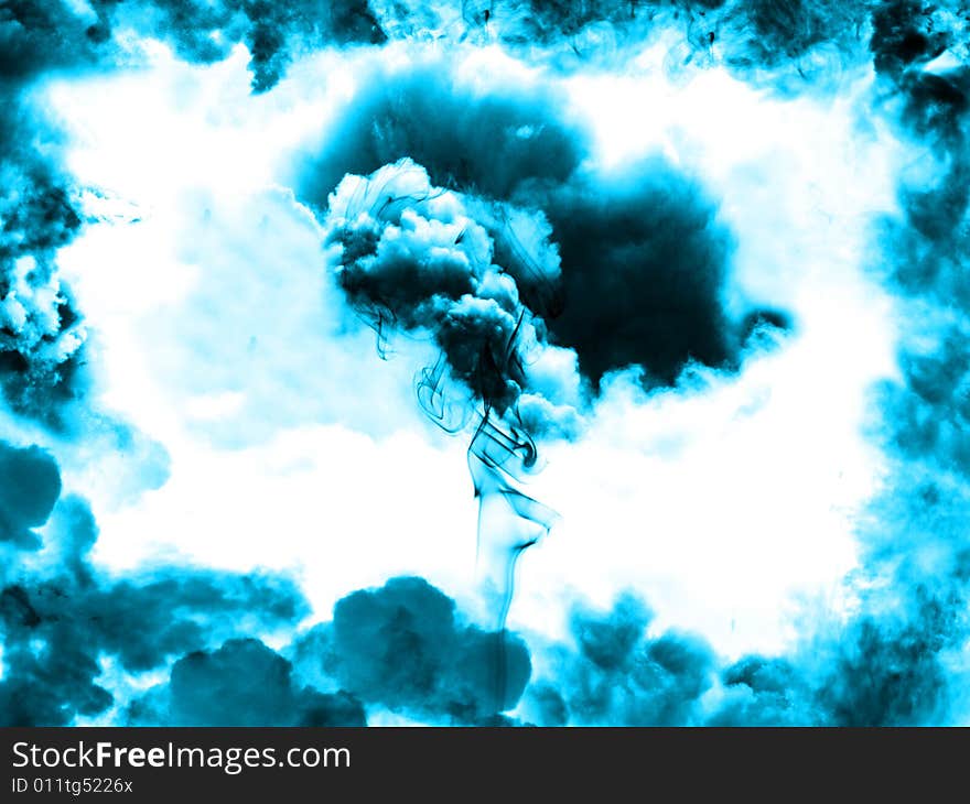 Abstract blue clouds with white bright middle and dark smoke in center