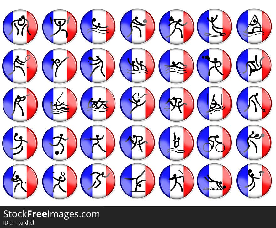 All summer olimpic sports buttons with silhouette signs on france flag background. All summer olimpic sports buttons with silhouette signs on france flag background