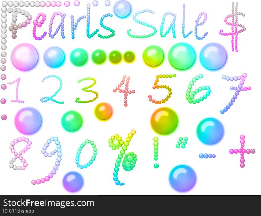 Natural graceful rainbow colored pearls set with word sales all figures and signs isolated on white. Natural graceful rainbow colored pearls set with word sales all figures and signs isolated on white