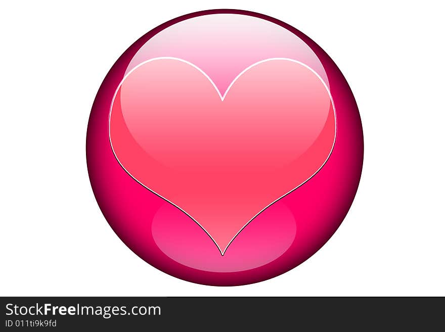 An illustration of a heart in a pink glassy orb and isolated on a white background