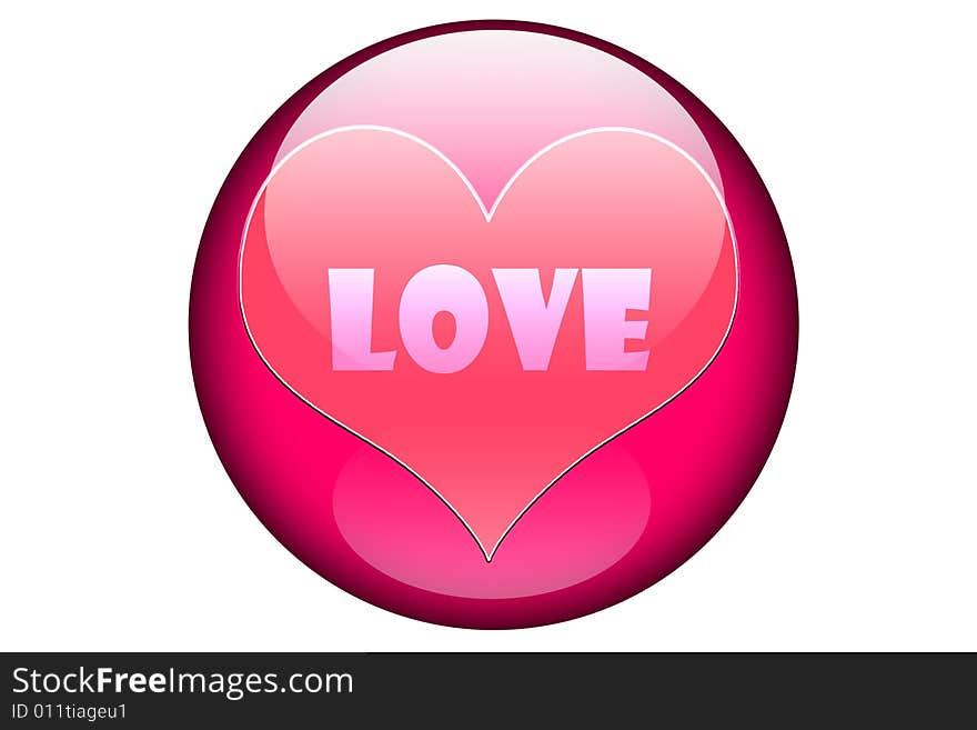 An illustration of the word love in a pink glassy orb and isolated on a white background