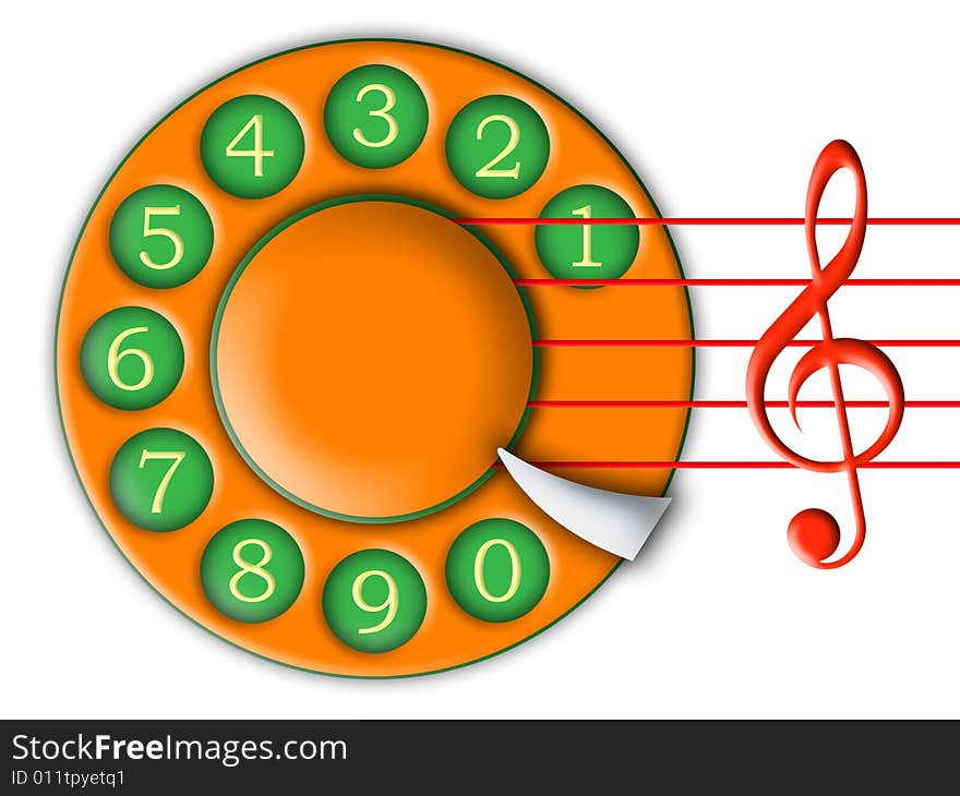 Treble clef and telephone disc on a white background. Treble clef and telephone disc on a white background