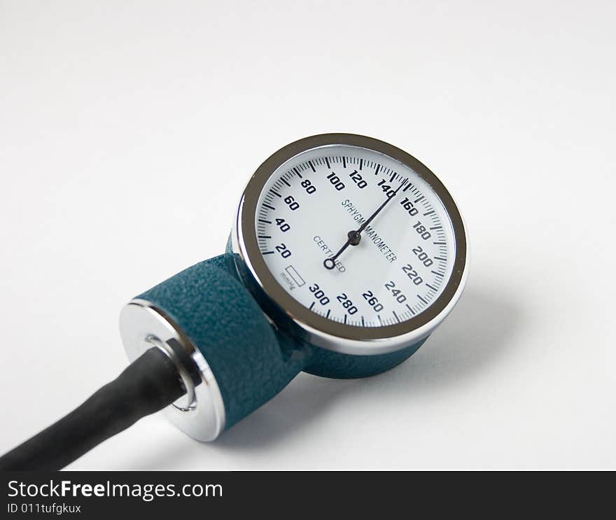 Blood pressure gauge showing high blood pressure.