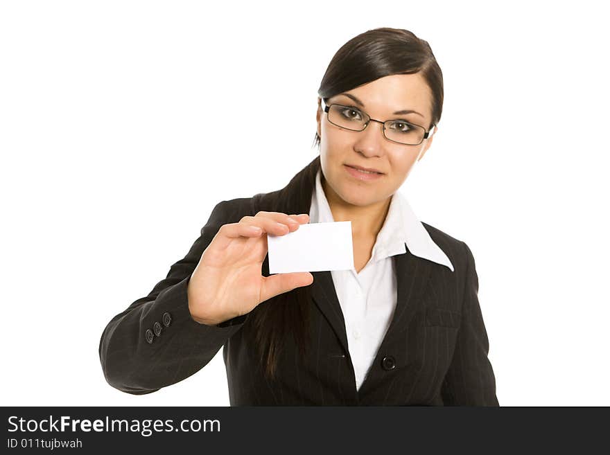 Successful brunette businesswoman with banner