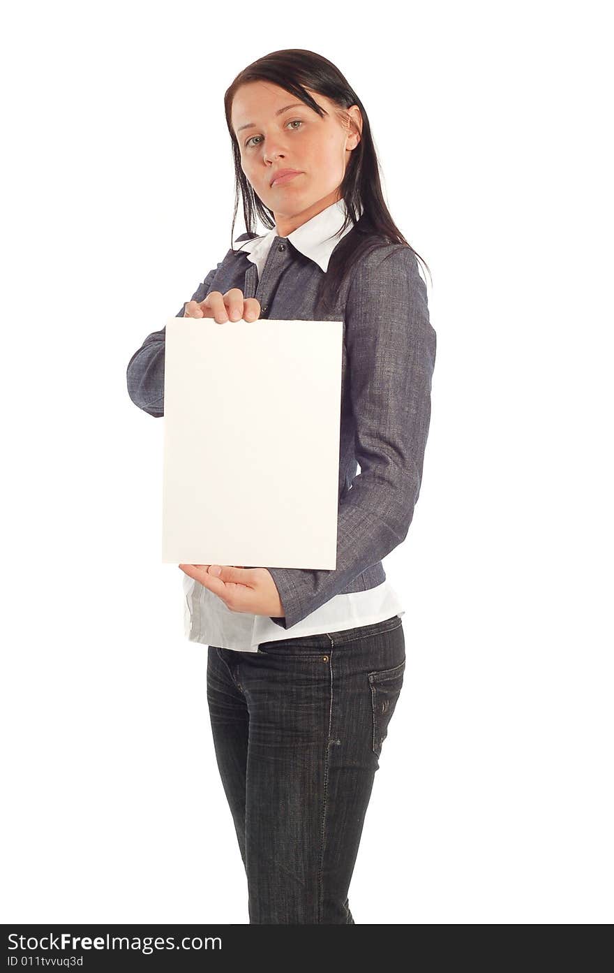 Successful brunette businesswoman with banner