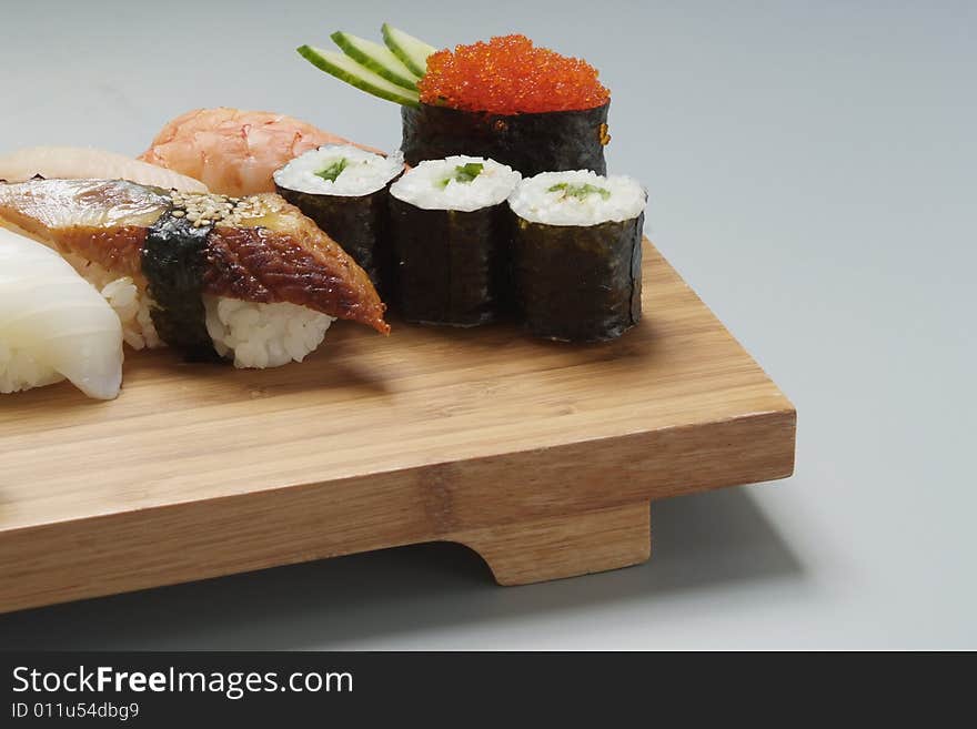 Sushi japanese dish on wood plate