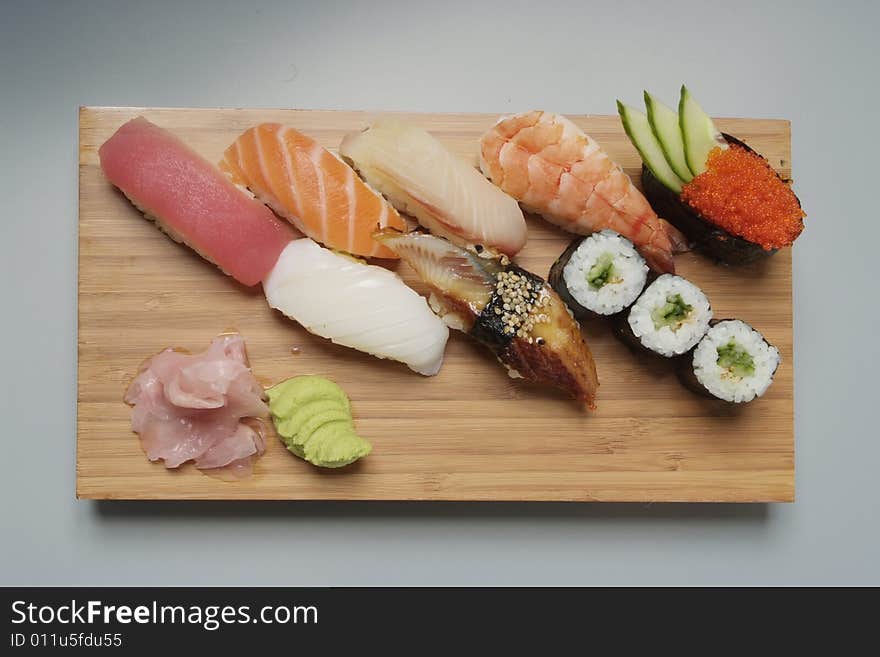 Sushi japanese food on wood plate