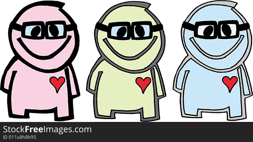 Three isolated different figures with glasses and hearts. vector image. Three isolated different figures with glasses and hearts. vector image