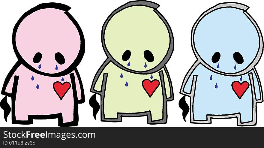 Three isolated different crying figures with hearts. vector image. Three isolated different crying figures with hearts. vector image