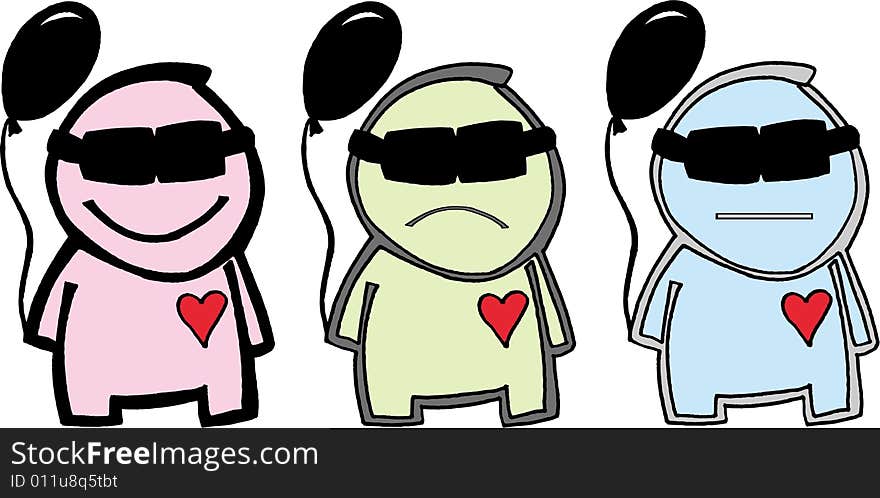 Three isolated different figures with glasses,  balloons and hearts. vector image. Three isolated different figures with glasses,  balloons and hearts. vector image