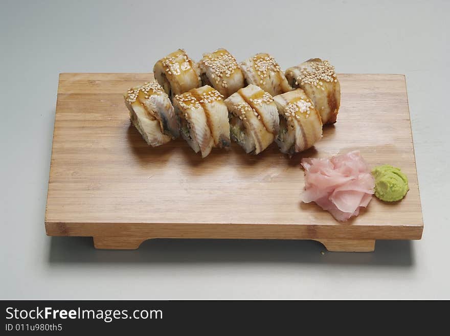 Sushi japanese food on wood plate