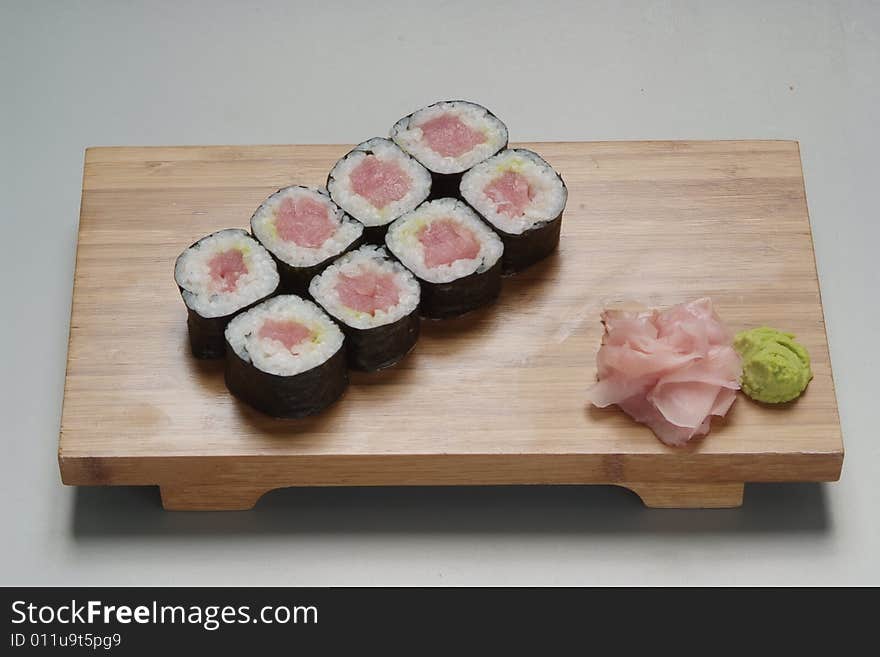 Sushi japanese food on wood plate