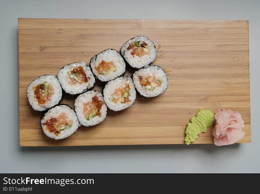 Sushi japanese food on wood plate