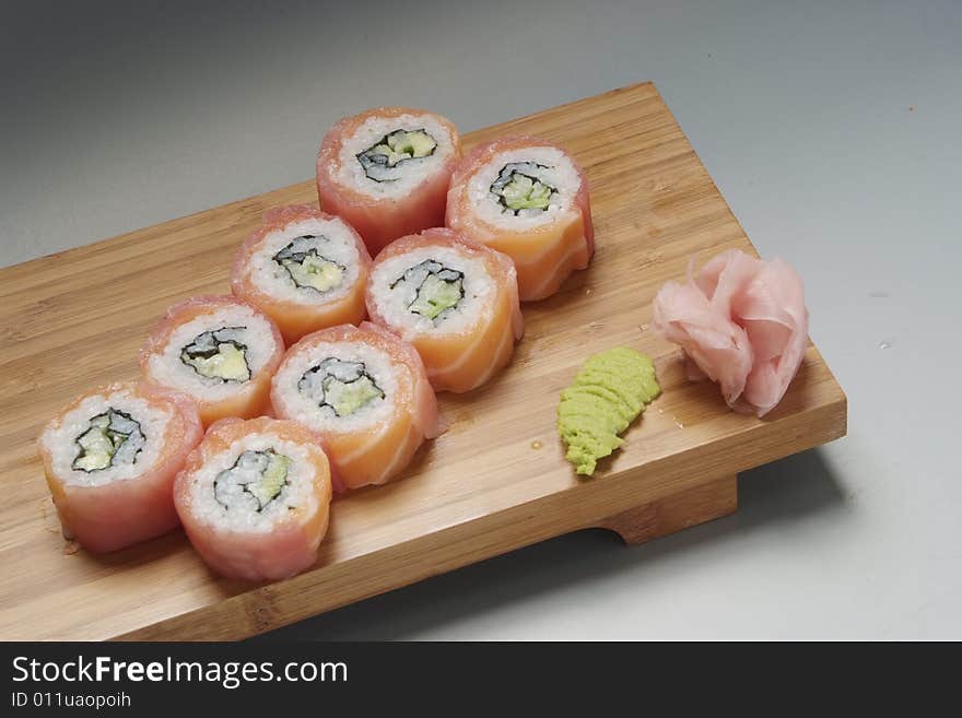 Sushi japanese food on wood plate