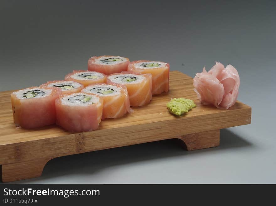 Sushi japanese food on wood plate