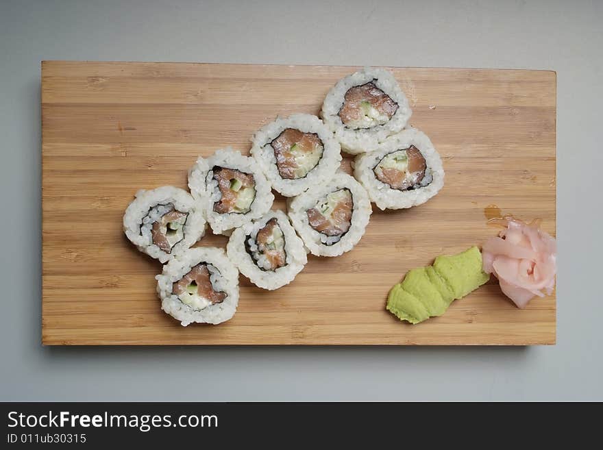 Sushi japanese food on wood plate