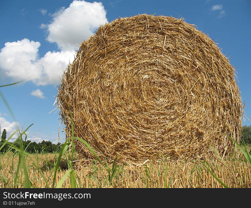 Hay bale with blue sky and white clouds