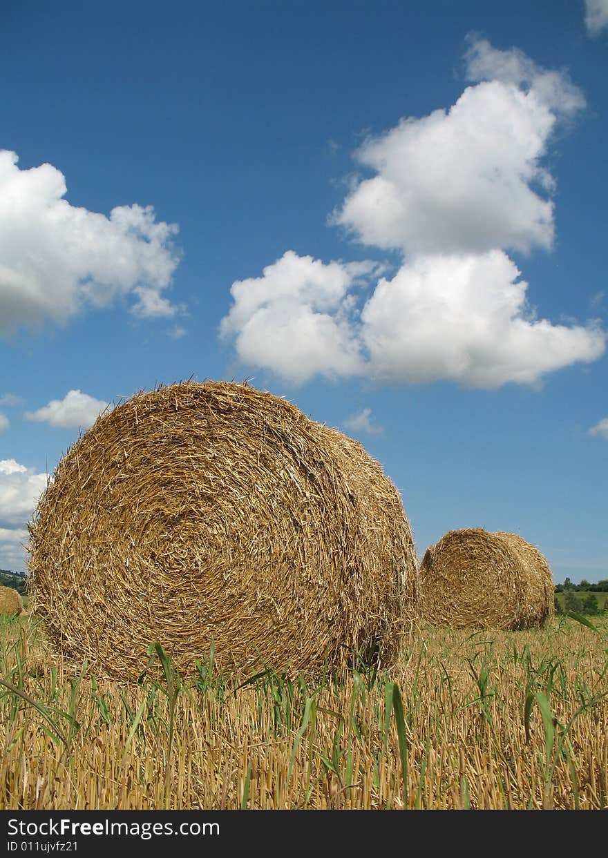 Hay bales with blue sky and white clouds