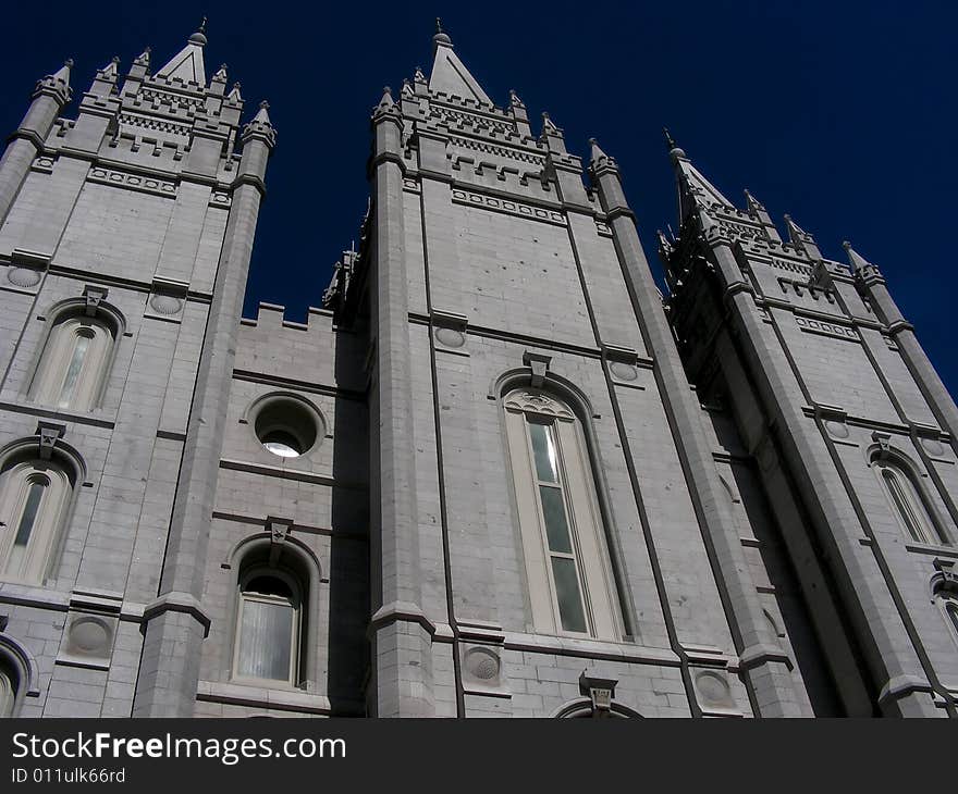 A panoramic view of the Mormon Temple in Salt Lake City, Utah.