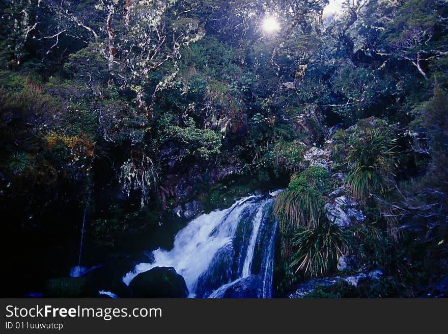 A Waterfall On The Routeburn Track In New Zealand