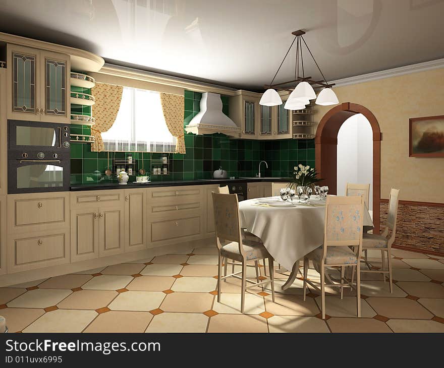 Interior of kitchen with elements of classics