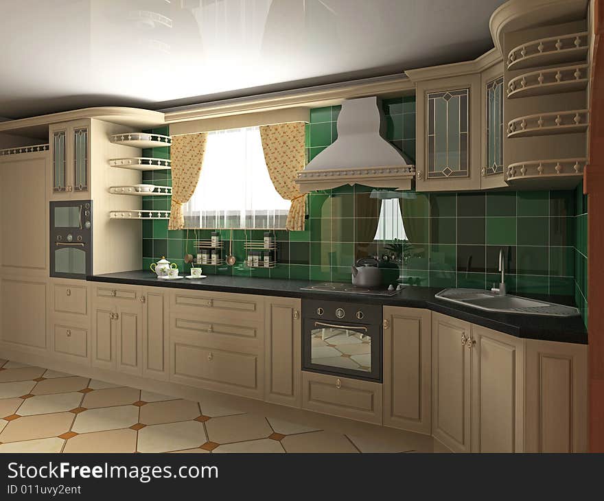 Interior of kitchen with elements of classics