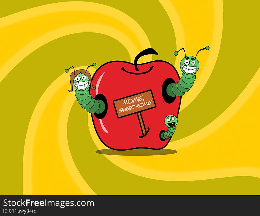 Cartooned happy worm family at apple home and twirl background