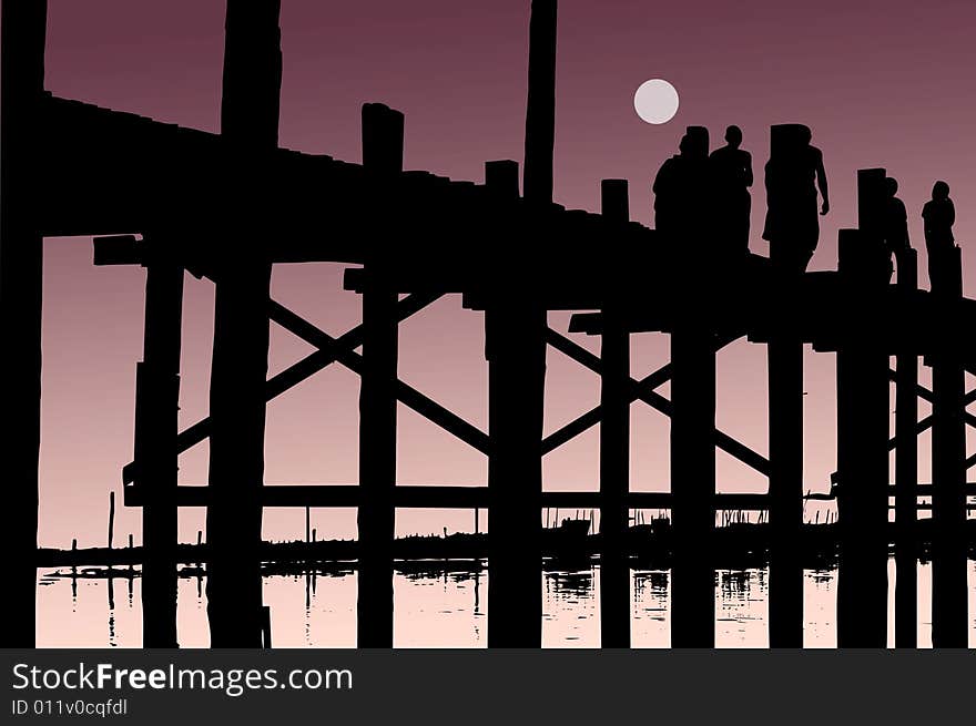 Myanmar, U Bein bridge; vector