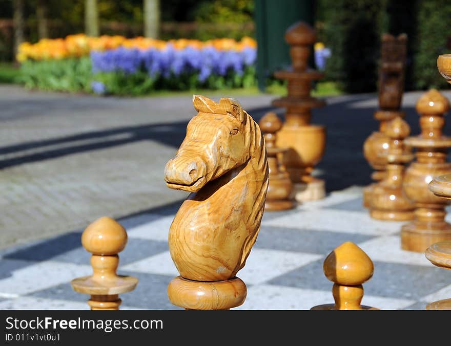 Wooden chess pieces in the park, Keukenhof Holland. Wooden chess pieces in the park, Keukenhof Holland