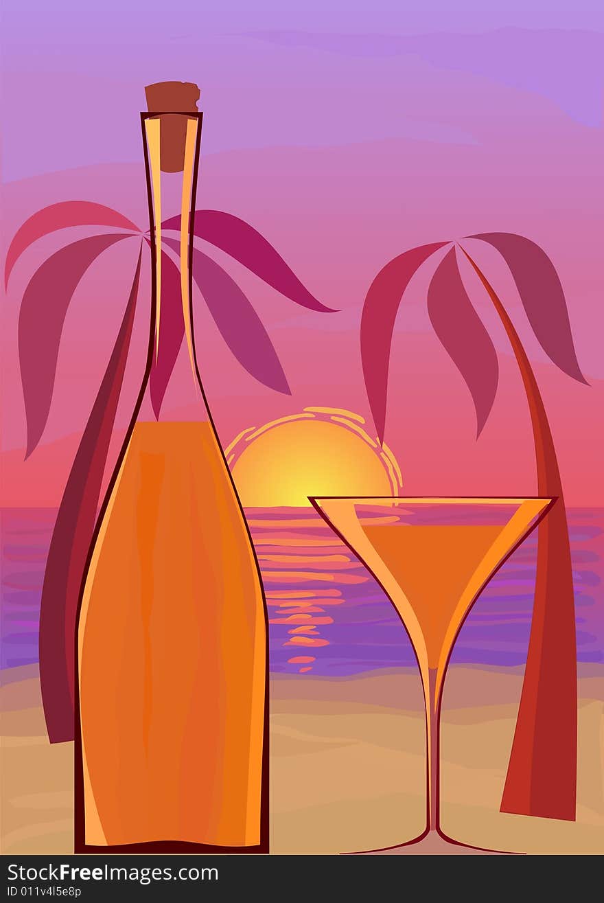 Vector illustration of sunset on the beach. Vector illustration of sunset on the beach