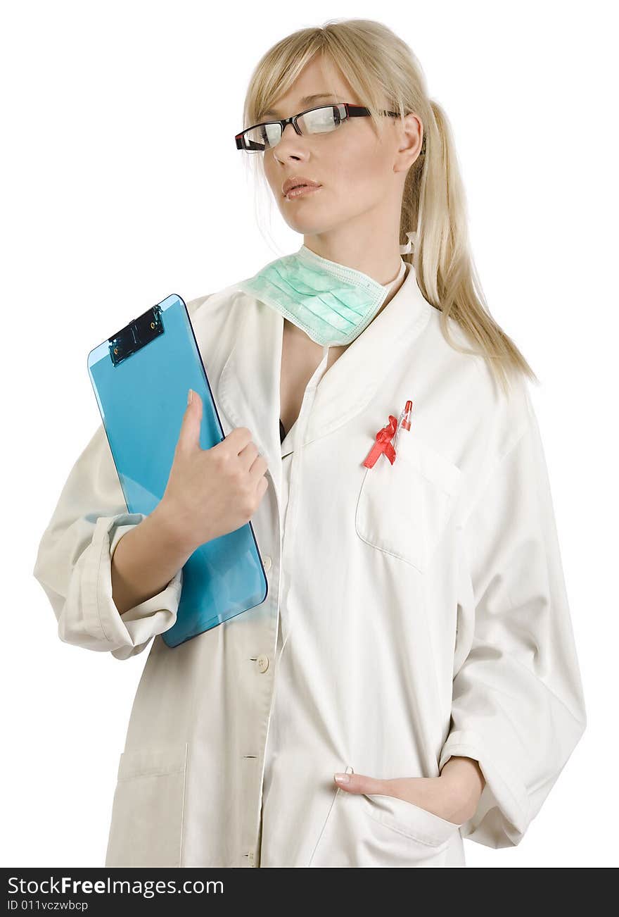 Blond nurse holding with blue notepad isolated on white background. Blond nurse holding with blue notepad isolated on white background