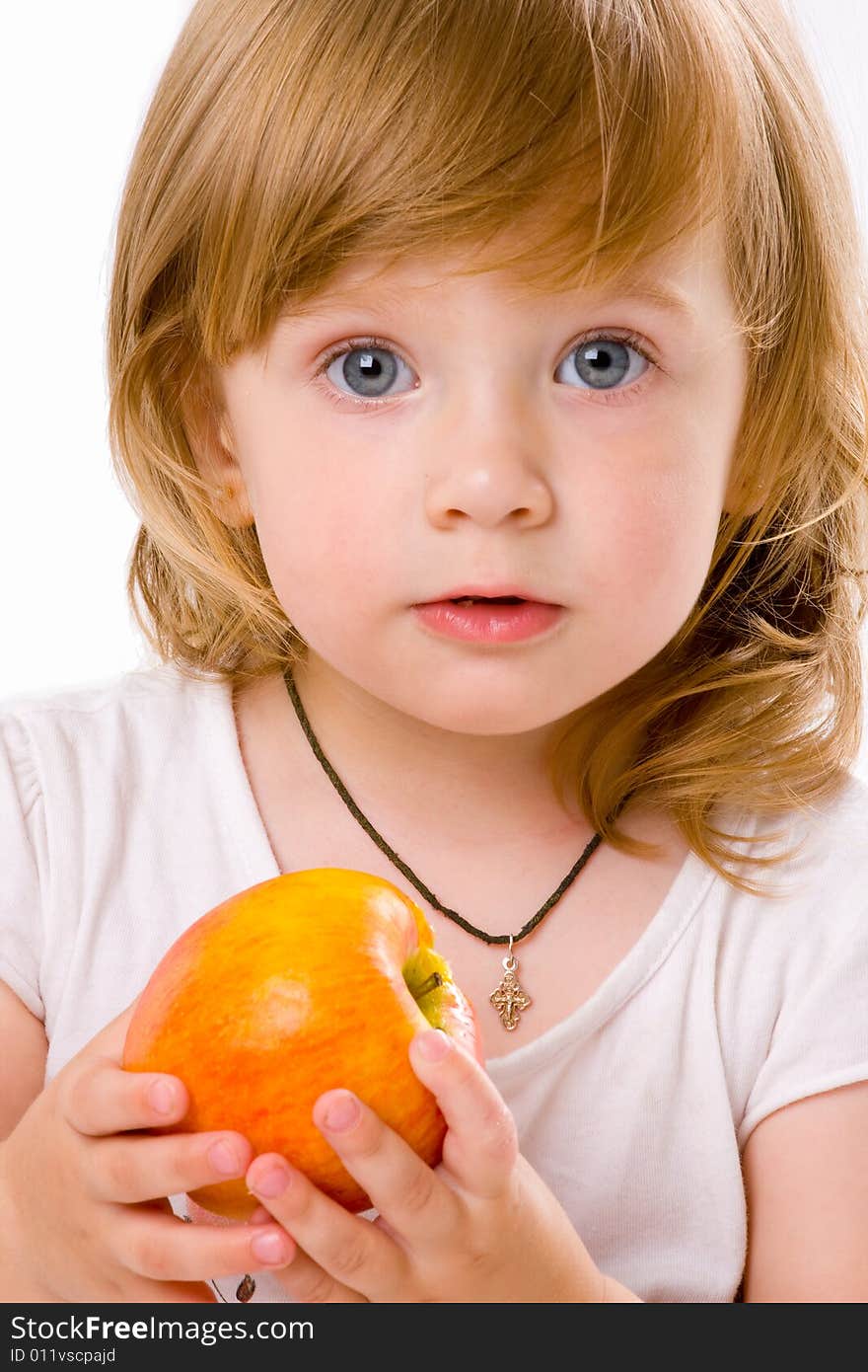 Close-up Of Pretty Girl Eating An Apple, Isolated