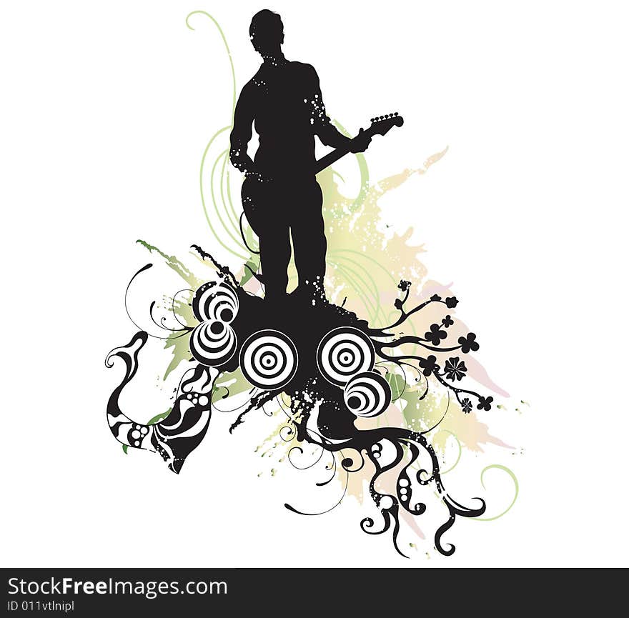 Illustration of a guitarist and decorative patterns