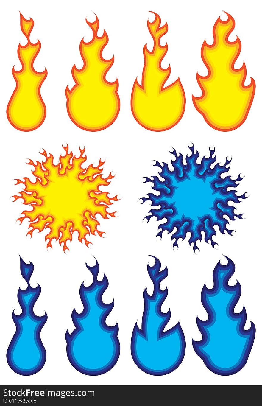 Little yellow and blue fires. Vector illustration.