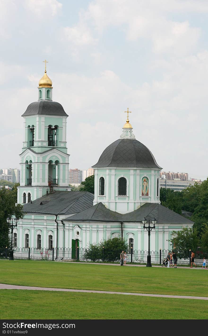 Christian church with gold domes in Moscow