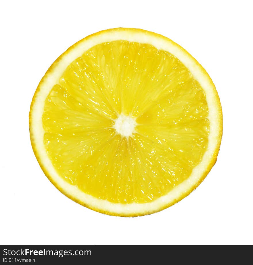 A cross sectional slice of an Orange fruit against a white background. A cross sectional slice of an Orange fruit against a white background