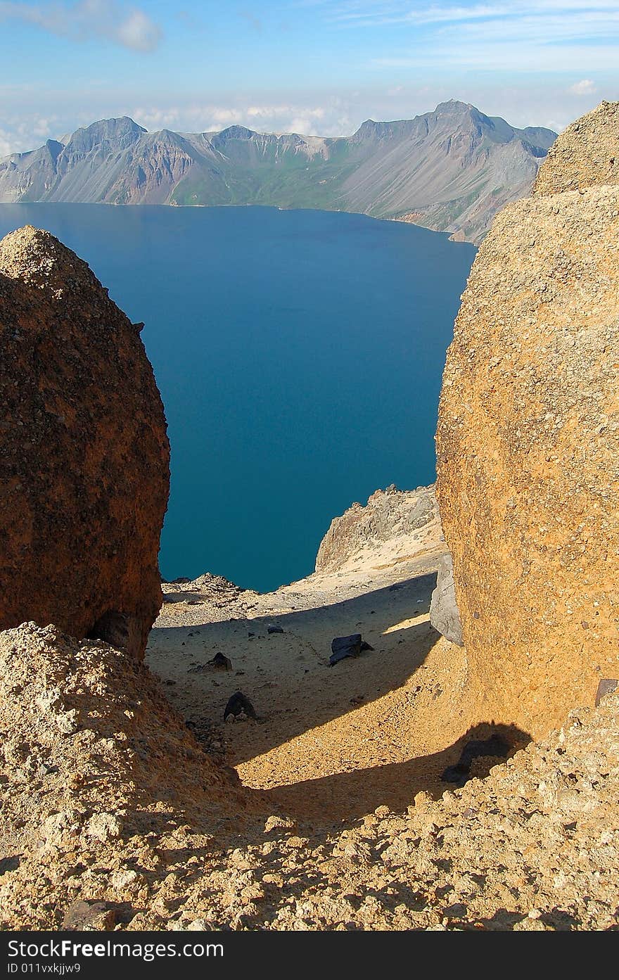 Peaceful mountain lake in a lovely day, shot at heaven pool in mount changbai, jilin province, China.