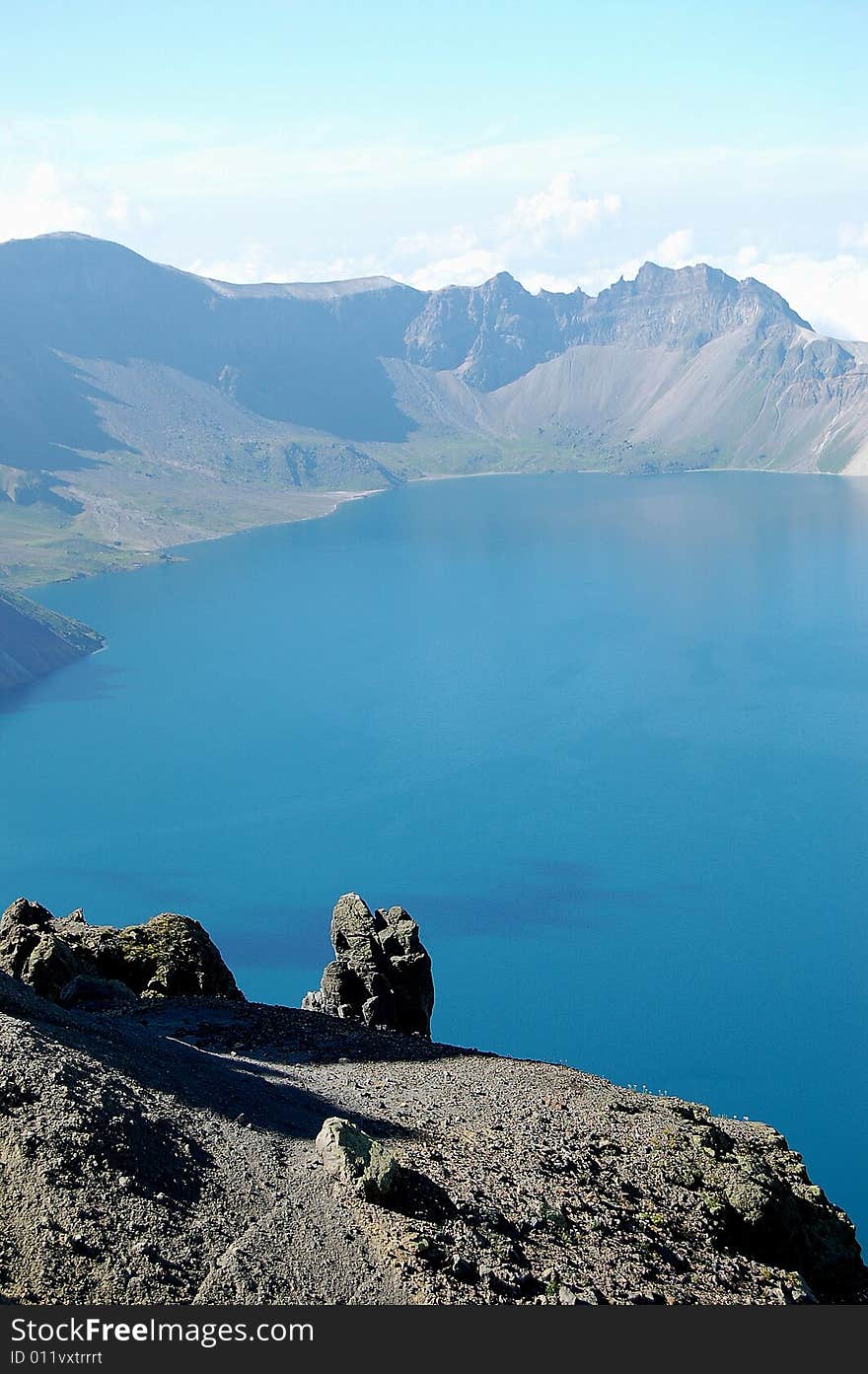 Peaceful mountain lake in a lovely day, shot at heaven pool in Chang Bai mountain, Jilin province, China.