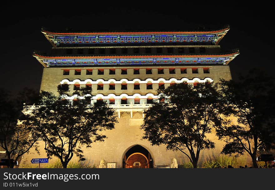 Ancient building, night scene, lighten the building