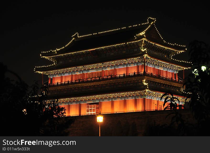 Ancient building, night scene, lighten the building