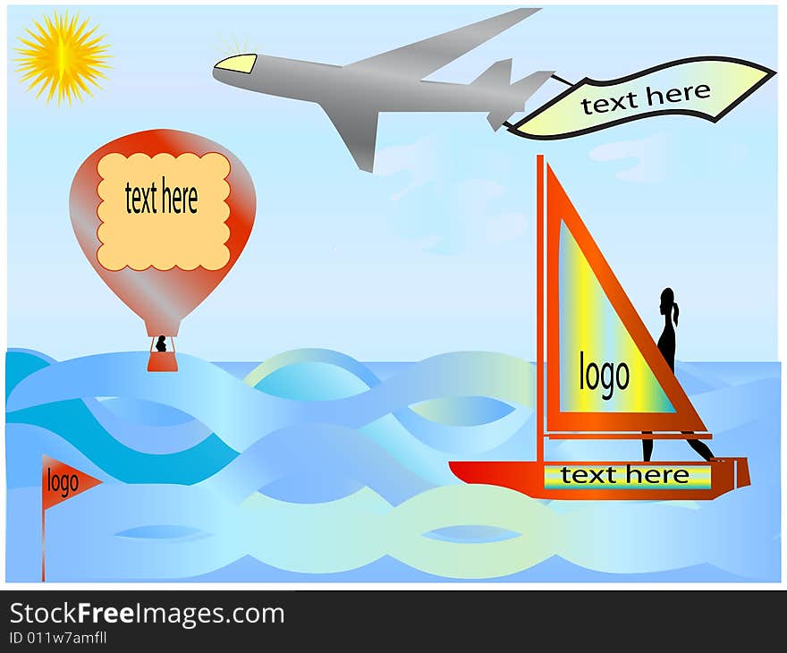 Sailboat, balloon and plane like objects for showing text and logo advertisement
