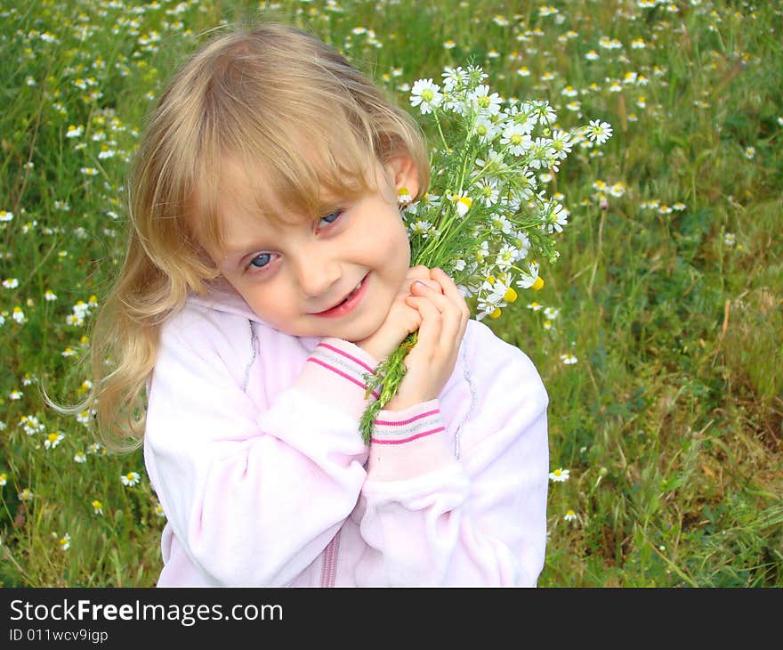 Little girl with the bouquet of camomiles on a glade. Little girl with the bouquet of camomiles on a glade.