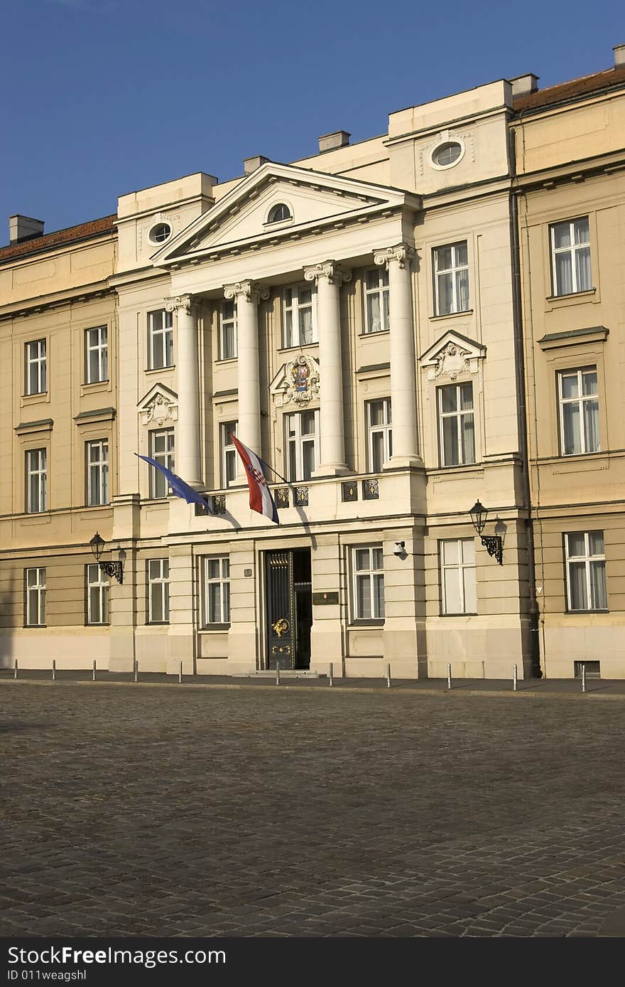 Building of Croatian State Parlament is nice exemplar of eureopean cassicism style of arhitecture with two flags